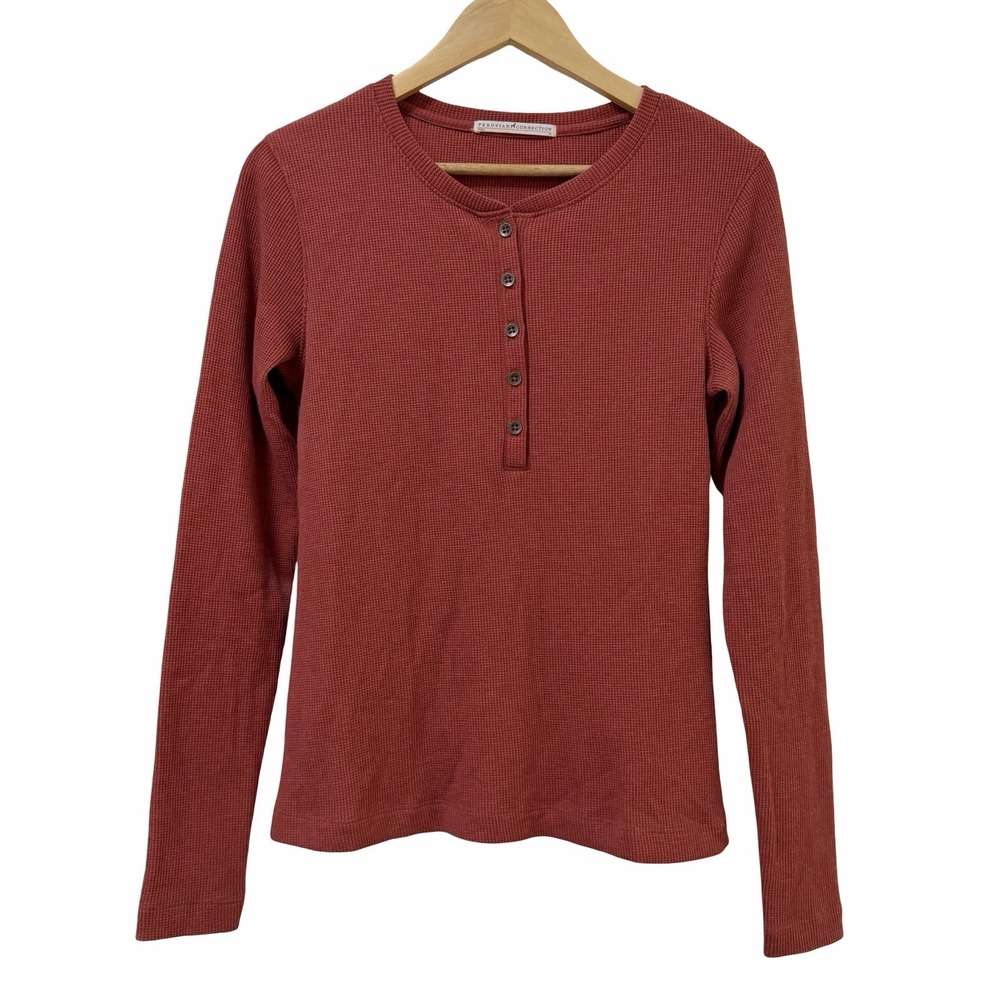 Peruvian Connection Womens Waffle Knit Long Sleeve Henley Top Size M Orange Cozy